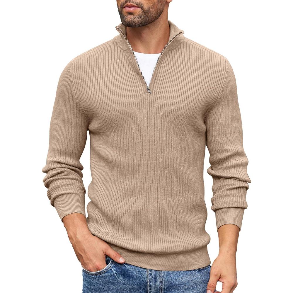 imageCOOFANDY Mens Quarter Zip Sweaters Slim Fit Mock Neck Pullover Sweater Lightweight Knitted Polo SweatersKhaki