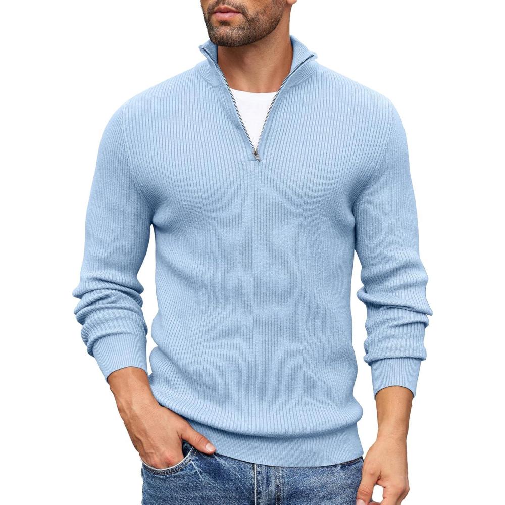 imageCOOFANDY Mens Quarter Zip Sweaters Slim Fit Mock Neck Pullover Sweater Lightweight Knitted Polo SweatersLight Blue