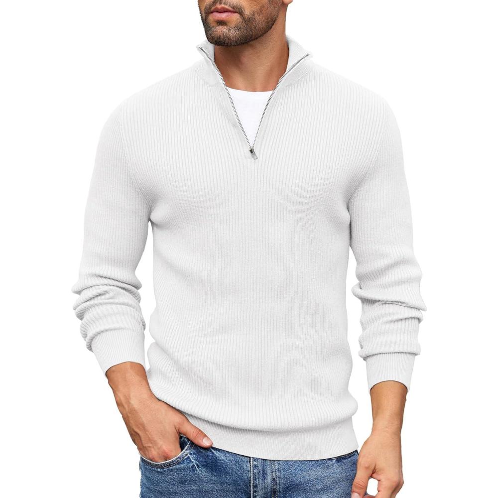 imageCOOFANDY Mens Quarter Zip Sweaters Slim Fit Mock Neck Pullover Sweater Lightweight Knitted Polo SweatersWhite