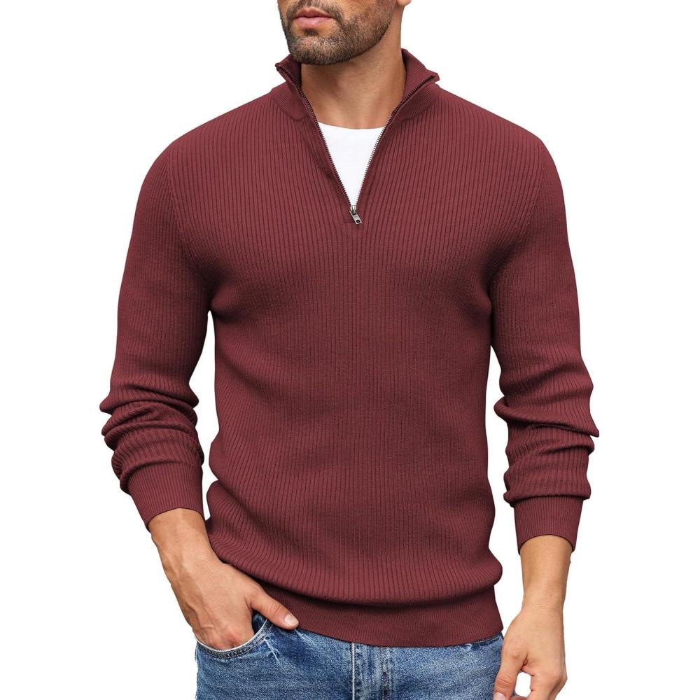 imageCOOFANDY Mens Quarter Zip Sweaters Slim Fit Mock Neck Pullover Sweater Lightweight Knitted Polo SweatersWine Red