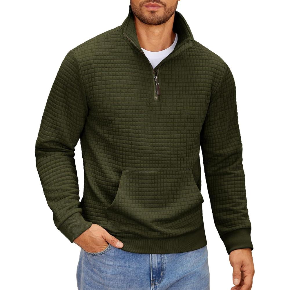 imageCOOFANDY Mens Quarter Zip Sweatshirt Long Sleeve Casual Waffle Pullover Hoodies with PocketArmy Green
