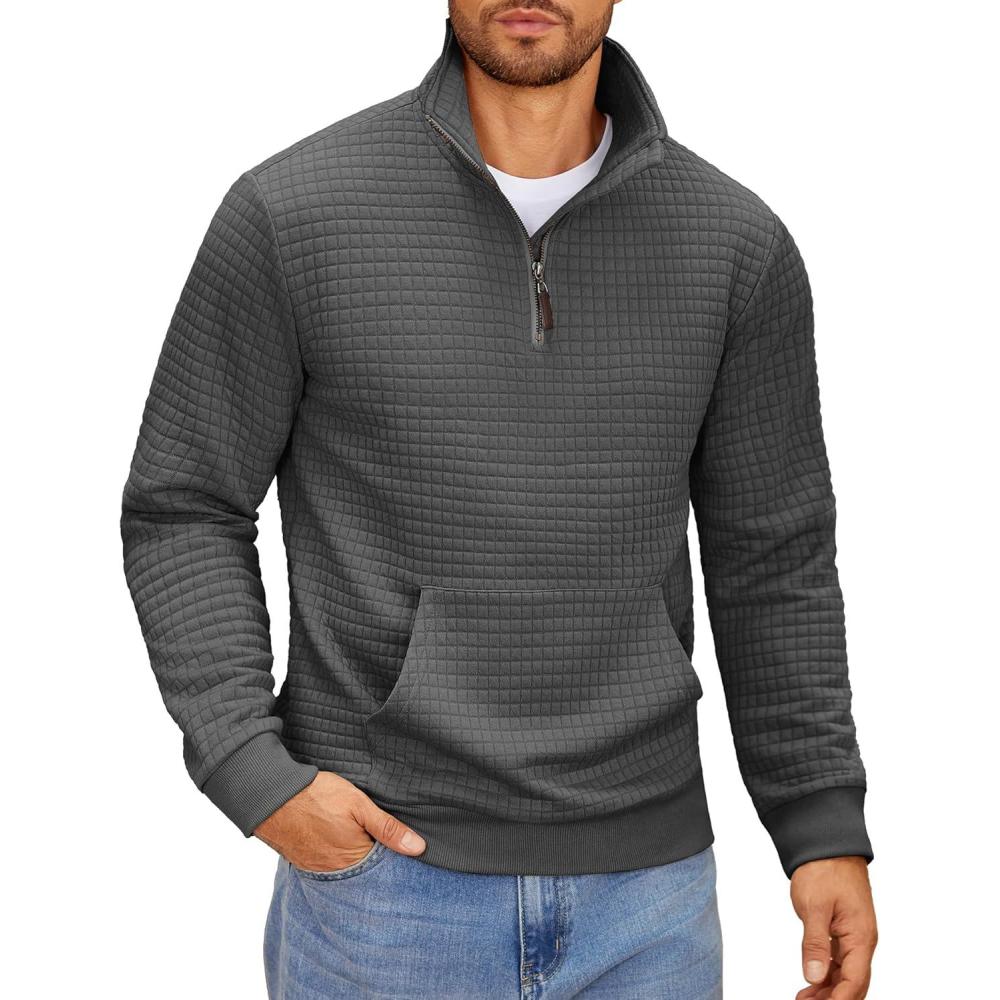 imageCOOFANDY Mens Quarter Zip Sweatshirt Long Sleeve Casual Waffle Pullover Hoodies with PocketDark Grey