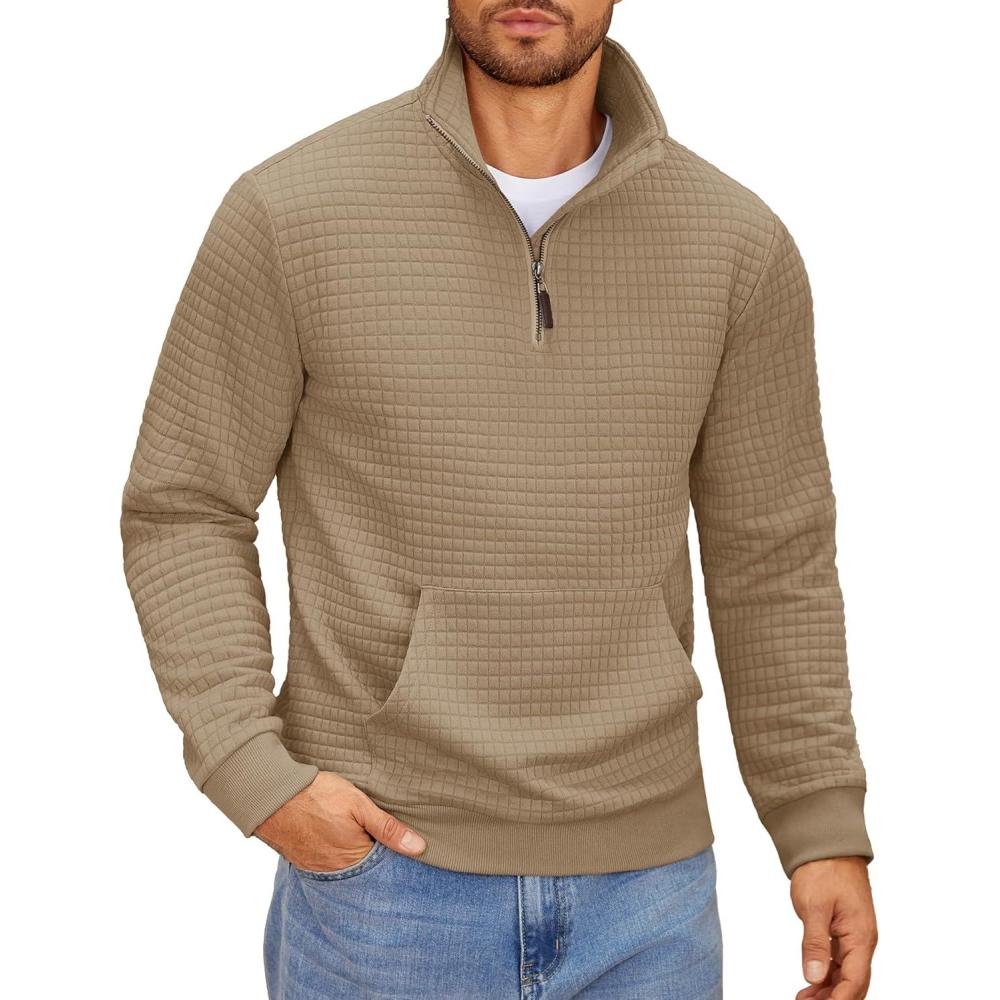 imageCOOFANDY Mens Quarter Zip Sweatshirt Long Sleeve Casual Waffle Pullover Hoodies with PocketKhaki