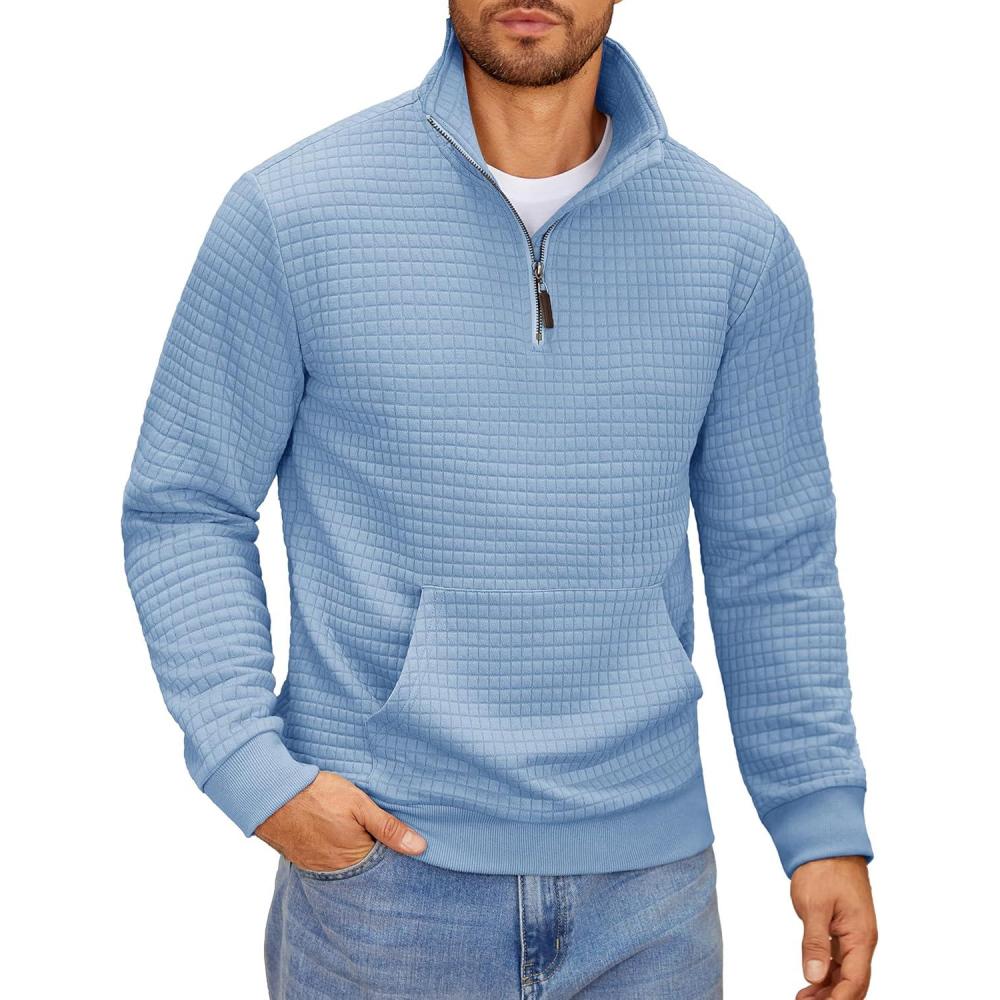 imageCOOFANDY Mens Quarter Zip Sweatshirt Long Sleeve Casual Waffle Pullover Hoodies with PocketLight Blue