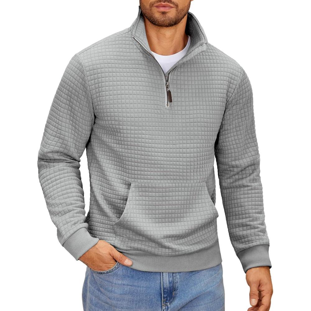 imageCOOFANDY Mens Quarter Zip Sweatshirt Long Sleeve Casual Waffle Pullover Hoodies with PocketLight Grey