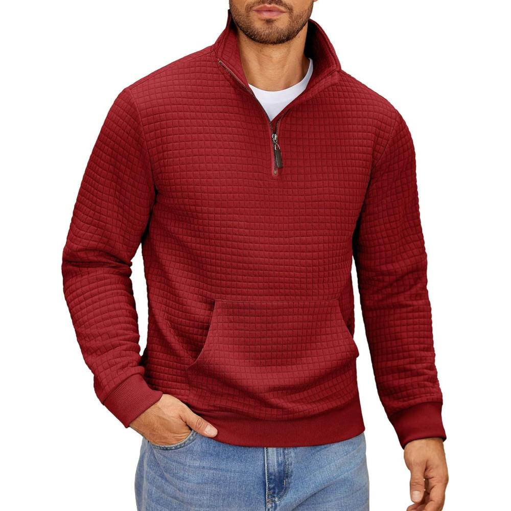 imageCOOFANDY Mens Quarter Zip Sweatshirt Long Sleeve Casual Waffle Pullover Hoodies with PocketRed