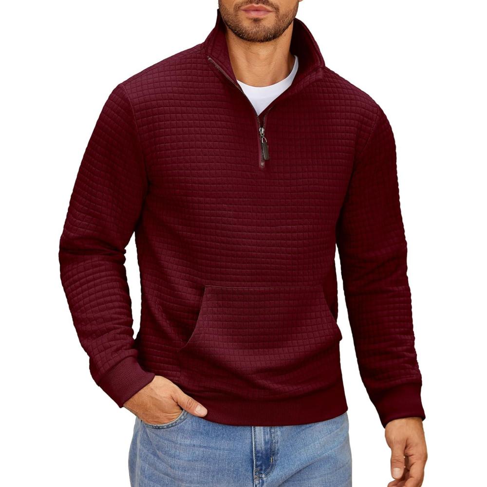 imageCOOFANDY Mens Quarter Zip Sweatshirt Long Sleeve Casual Waffle Pullover Hoodies with PocketWine Red