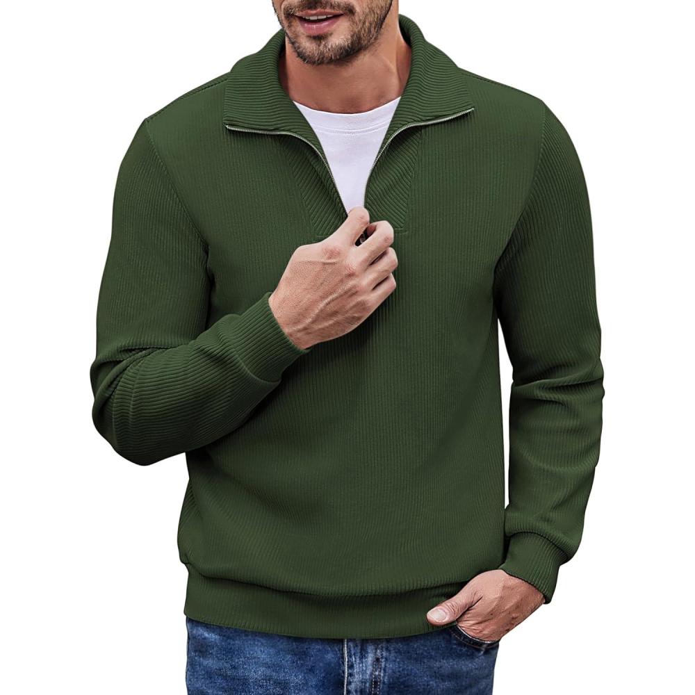 imageCOOFANDY Mens Quarter Zip Up Pullover Mock Neck Long Sleeve Sweater Casual Corduroy Polo SweatshirtArmy Green