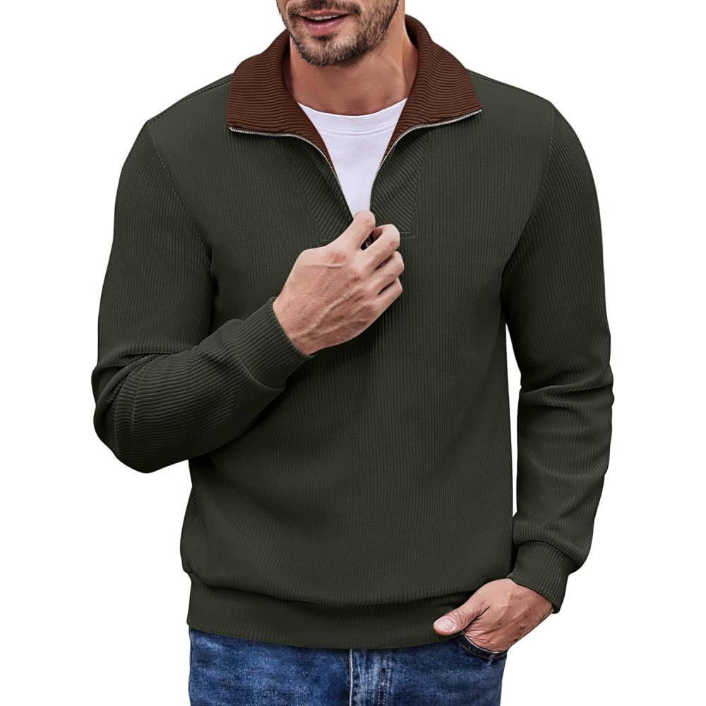 imageCOOFANDY Mens Quarter Zip Up Pullover Mock Neck Long Sleeve Sweater Casual Corduroy Polo SweatshirtArmy Green With Brown Collar