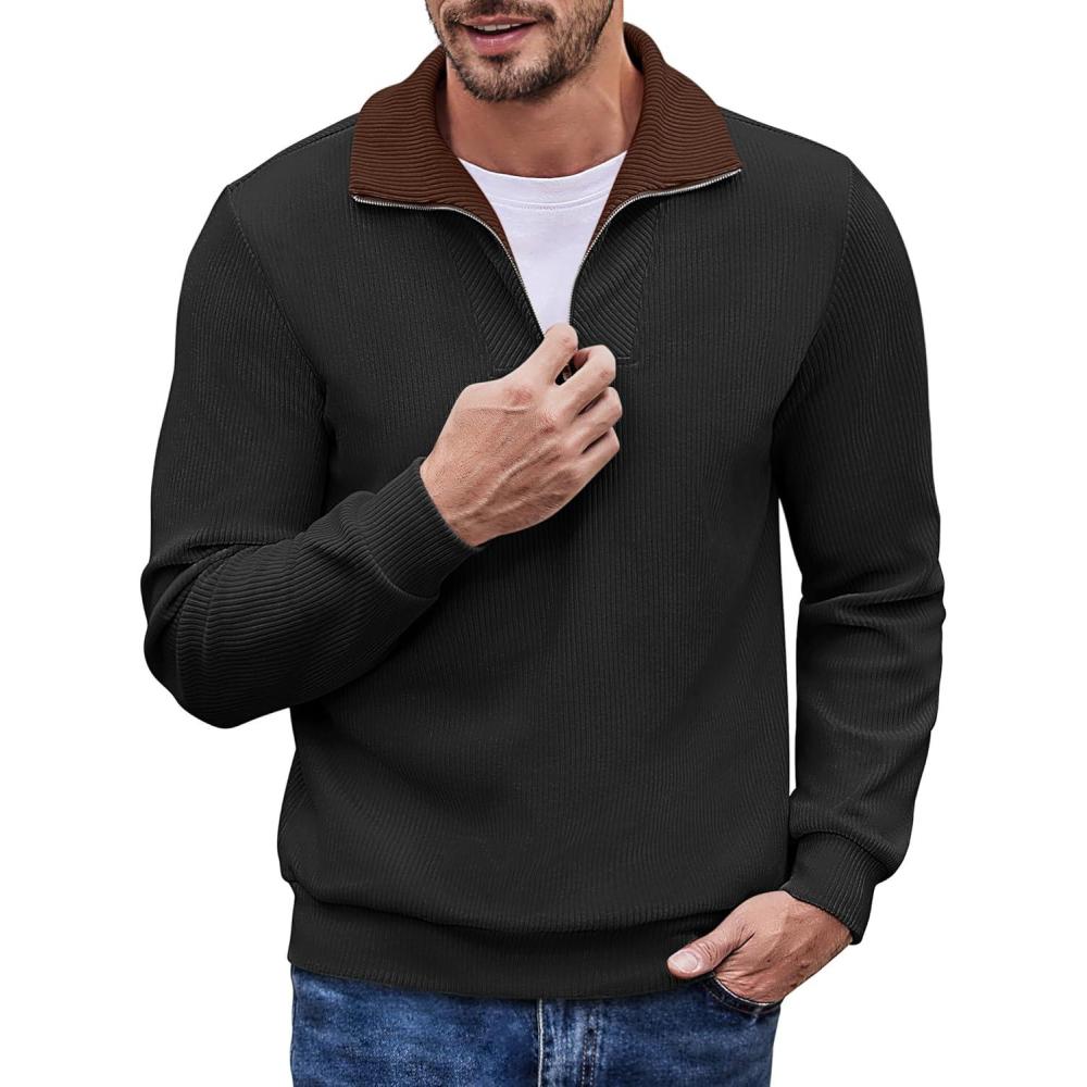 imageCOOFANDY Mens Quarter Zip Up Pullover Mock Neck Long Sleeve Sweater Casual Corduroy Polo SweatshirtBlack With Brown Collar