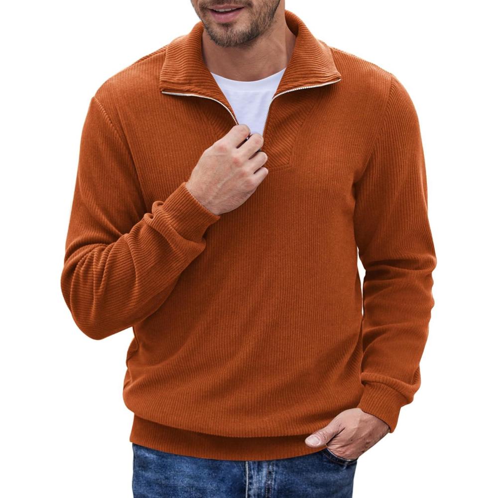 imageCOOFANDY Mens Quarter Zip Up Pullover Mock Neck Long Sleeve Sweater Casual Corduroy Polo SweatshirtCaramel Brown