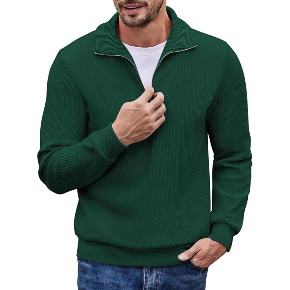 imageCOOFANDY Mens Quarter Zip Up Pullover Mock Neck Long Sleeve Sweater Casual Corduroy Polo SweatshirtDark Green