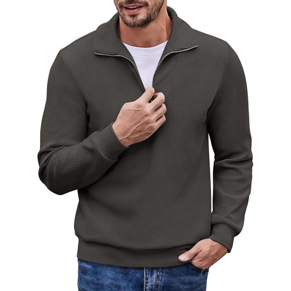imageCOOFANDY Mens Quarter Zip Up Pullover Mock Neck Long Sleeve Sweater Casual Corduroy Polo SweatshirtDark Grey