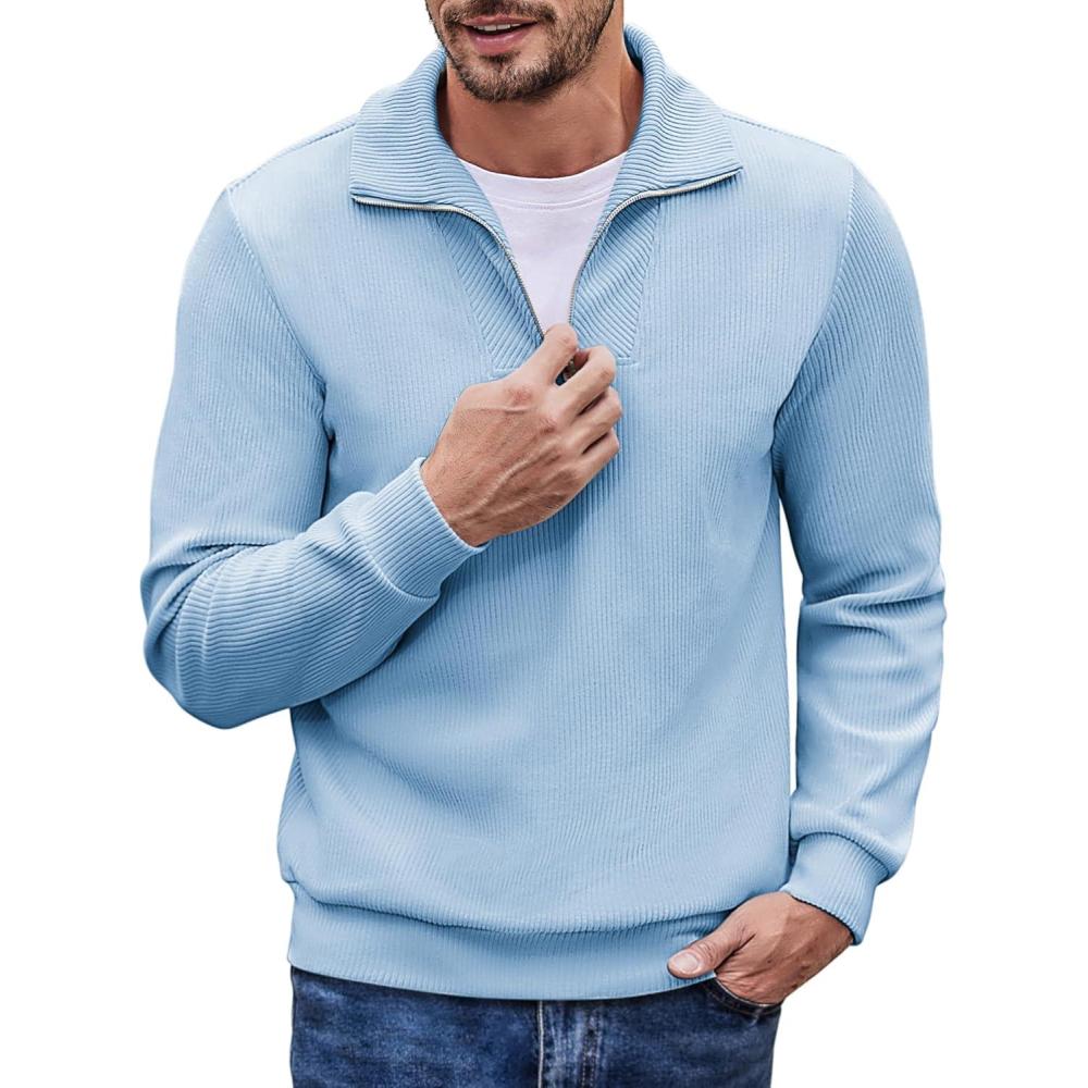imageCOOFANDY Mens Quarter Zip Up Pullover Mock Neck Long Sleeve Sweater Casual Corduroy Polo SweatshirtDenim Blue