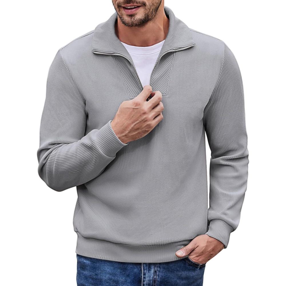 imageCOOFANDY Mens Quarter Zip Up Pullover Mock Neck Long Sleeve Sweater Casual Corduroy Polo SweatshirtGrey