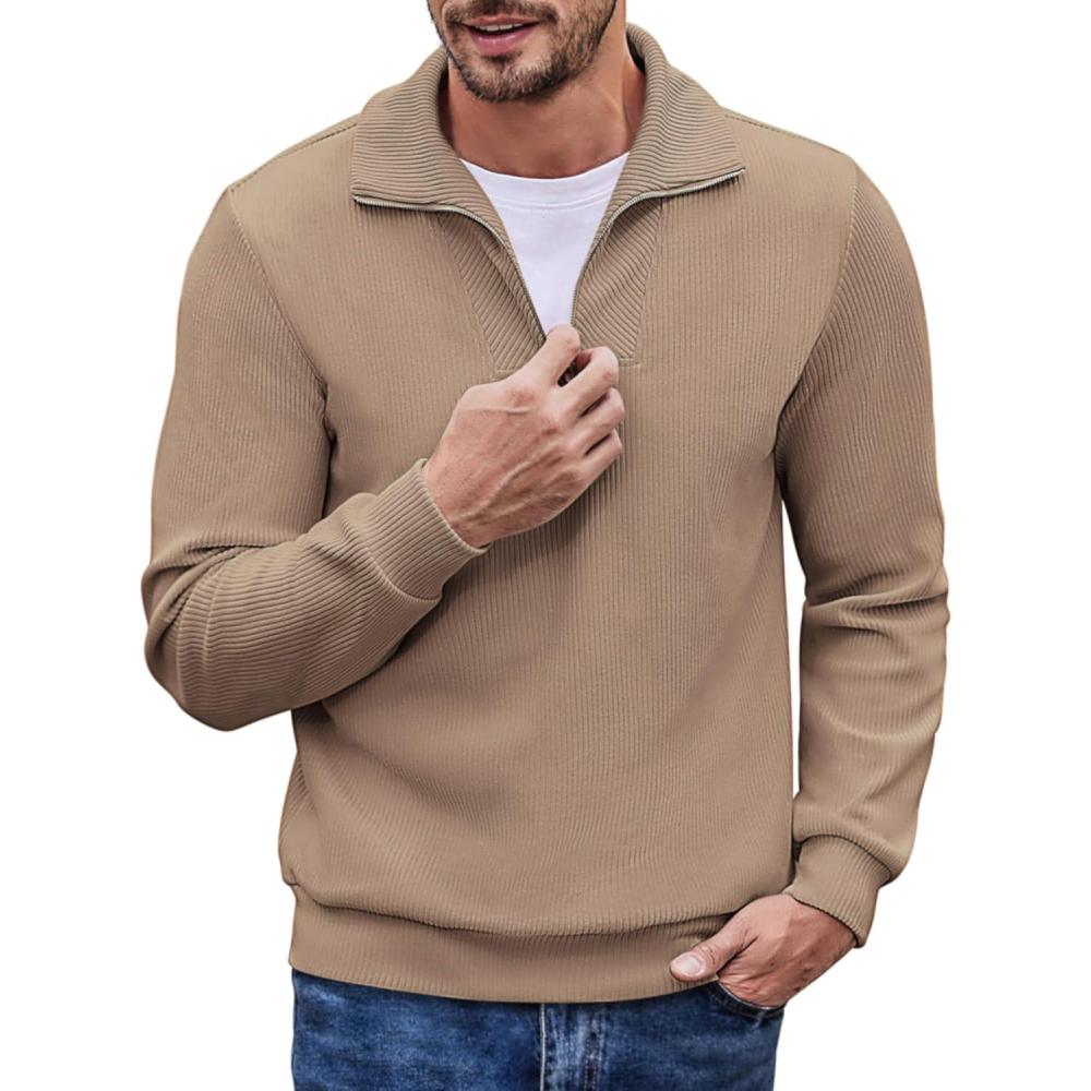imageCOOFANDY Mens Quarter Zip Up Pullover Mock Neck Long Sleeve Sweater Casual Corduroy Polo SweatshirtKhaki