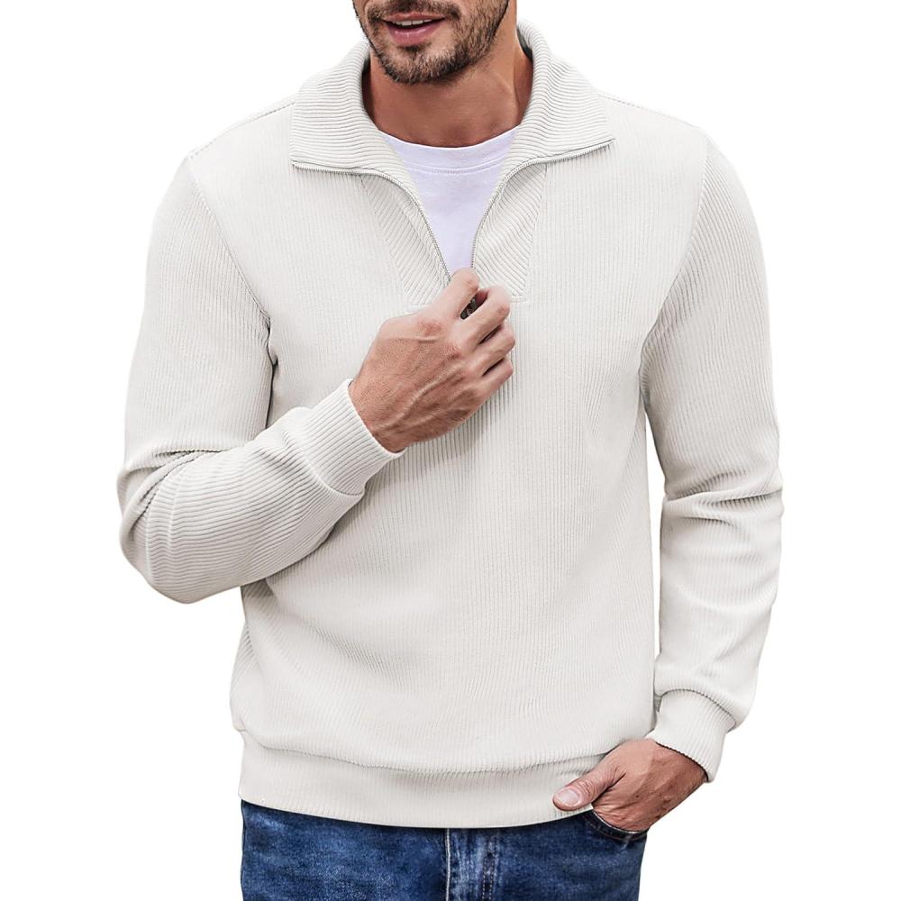 imageCOOFANDY Mens Quarter Zip Up Pullover Mock Neck Long Sleeve Sweater Casual Corduroy Polo SweatshirtWhite