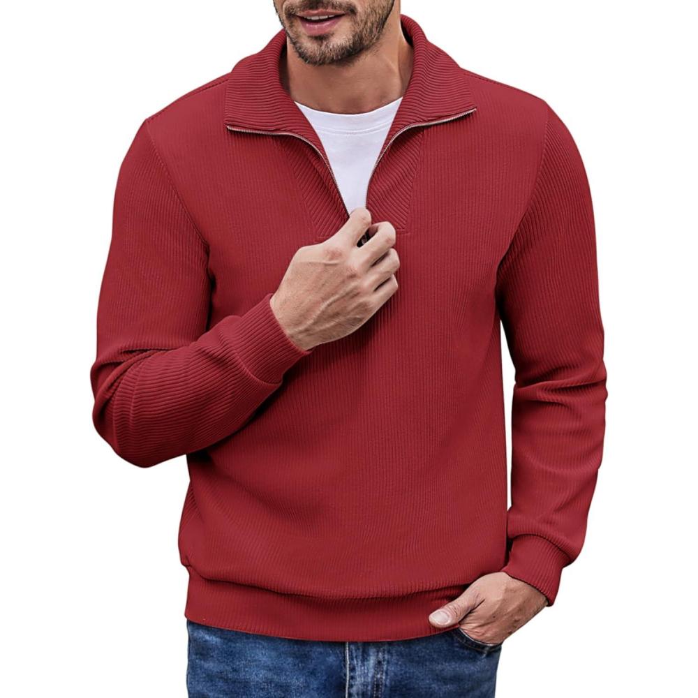 imageCOOFANDY Mens Quarter Zip Up Pullover Mock Neck Long Sleeve Sweater Casual Corduroy Polo SweatshirtWine Red