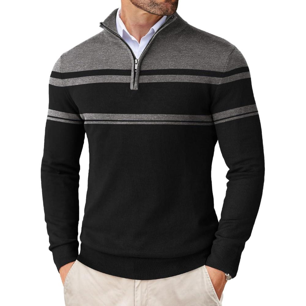 imageCOOFANDY Mens Quarter Zip Up Sweaters Slim Fit Lightweight Mock Neck Pullover Casual Polo SweatersBlack  Dark Heather Grey