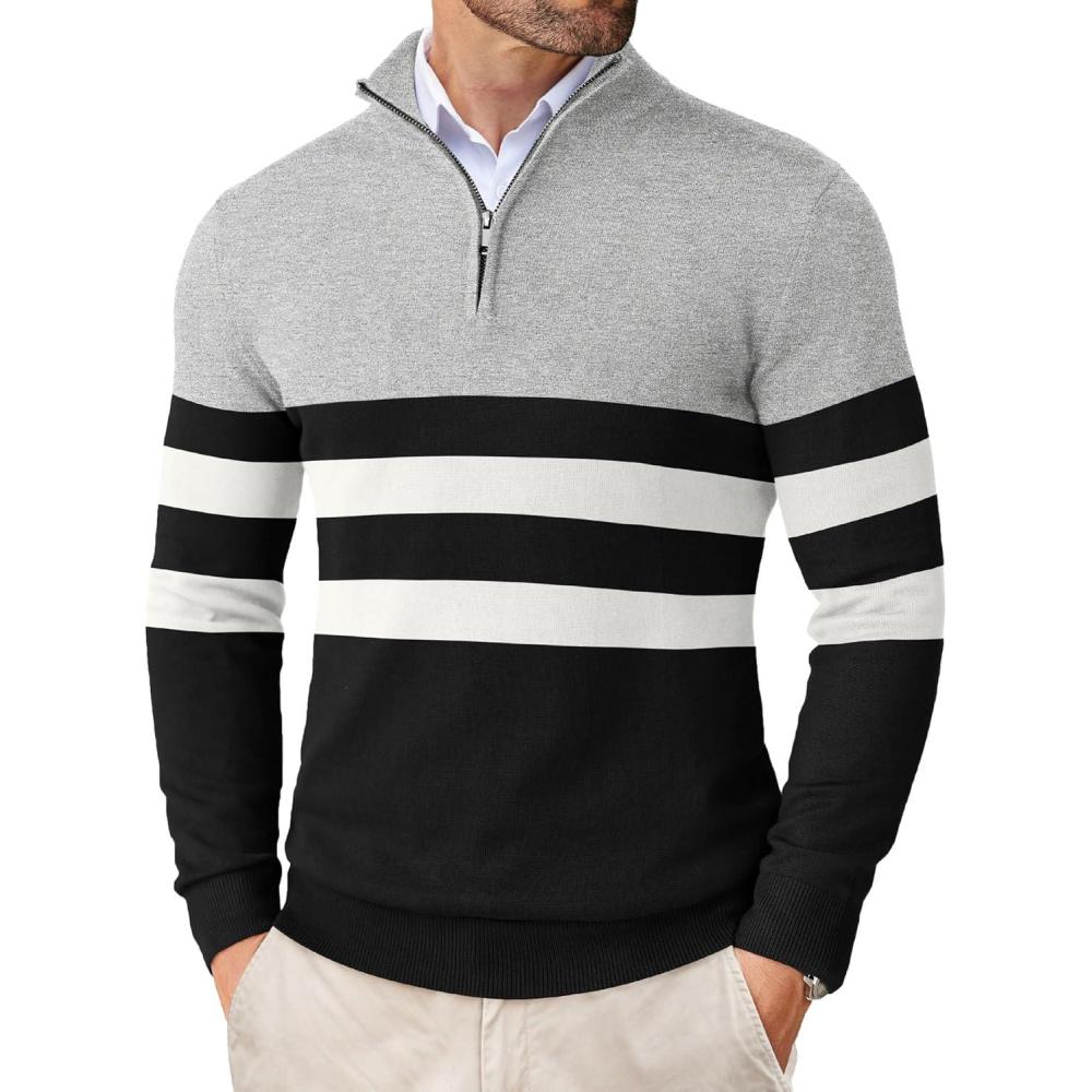imageCOOFANDY Mens Quarter Zip Up Sweaters Slim Fit Lightweight Mock Neck Pullover Casual Polo SweatersBlack  White  Grey Stripe