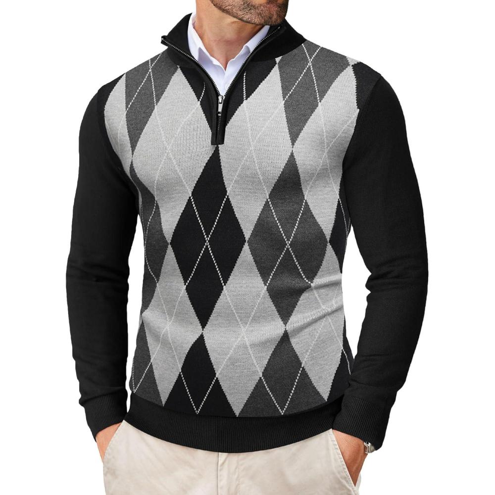 imageCOOFANDY Mens Quarter Zip Up Sweaters Slim Fit Lightweight Mock Neck Pullover Casual Polo SweatersBlack Argyle