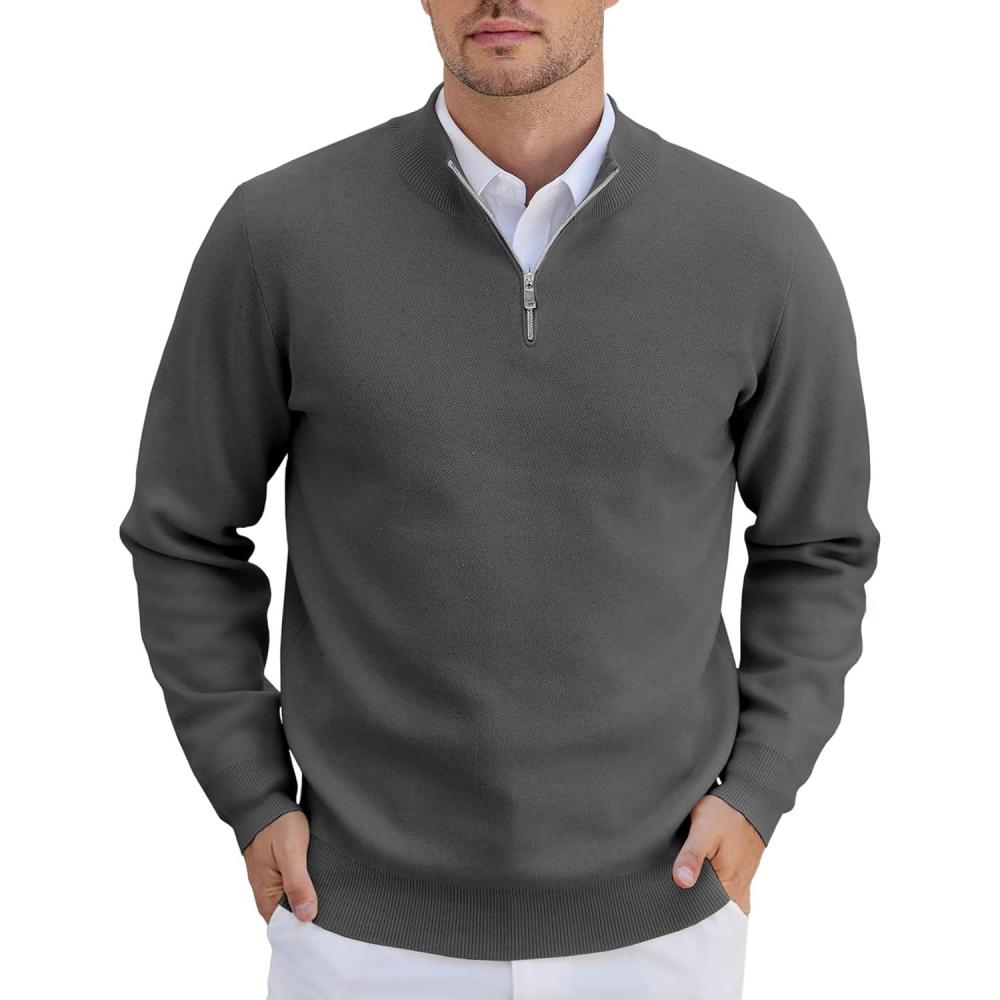 imageCOOFANDY Mens Quarter Zip Up Sweaters Slim Fit Lightweight Mock Neck Pullover Casual Polo SweatersCharcoal