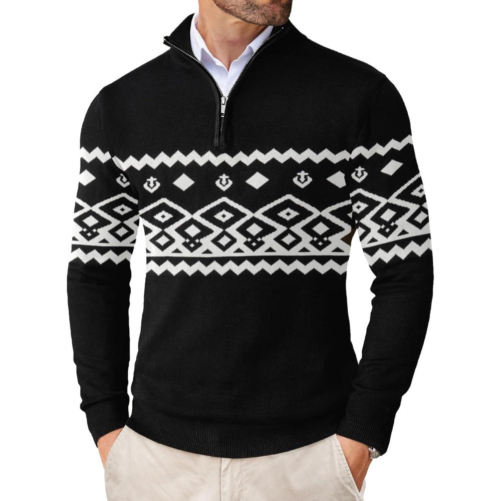 imageCOOFANDY Mens Quarter Zip Up Sweaters Slim Fit Lightweight Mock Neck Pullover Casual Polo SweatersChristmas Black  White