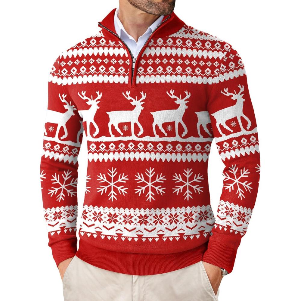 imageCOOFANDY Mens Quarter Zip Up Sweaters Slim Fit Lightweight Mock Neck Pullover Casual Polo SweatersChristmas Red  Elk