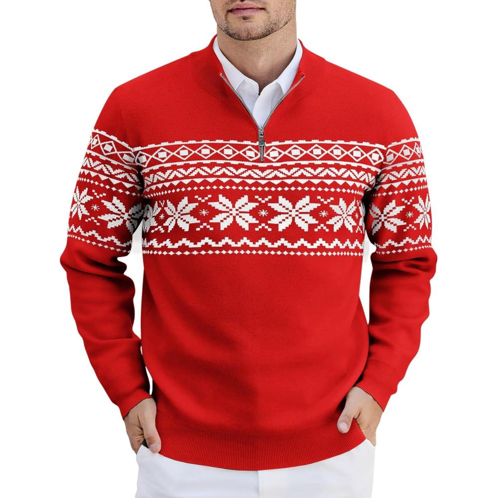 imageCOOFANDY Mens Quarter Zip Up Sweaters Slim Fit Lightweight Mock Neck Pullover Casual Polo SweatersChristmas Red  White