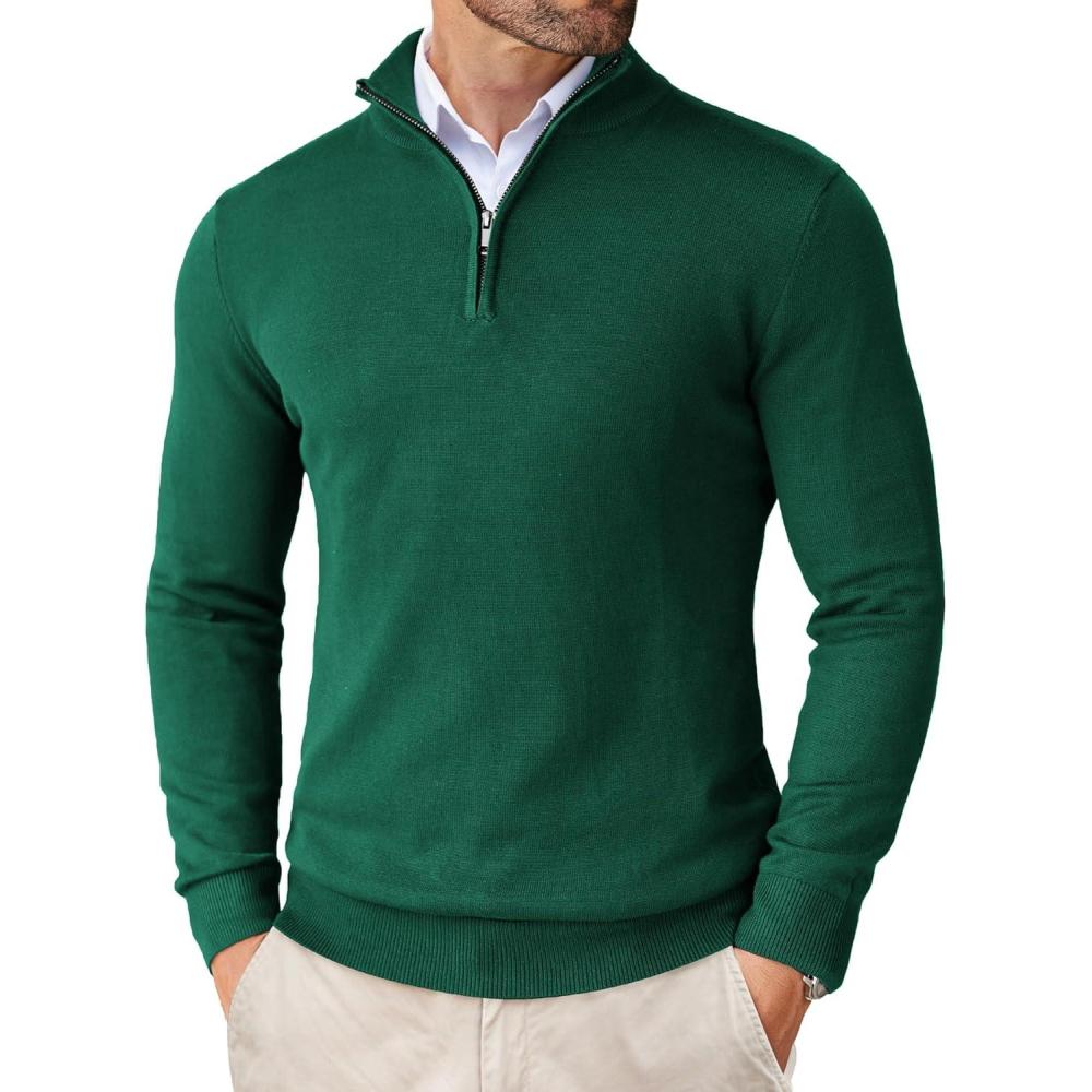 imageCOOFANDY Mens Quarter Zip Up Sweaters Slim Fit Lightweight Mock Neck Pullover Casual Polo SweatersDark Green