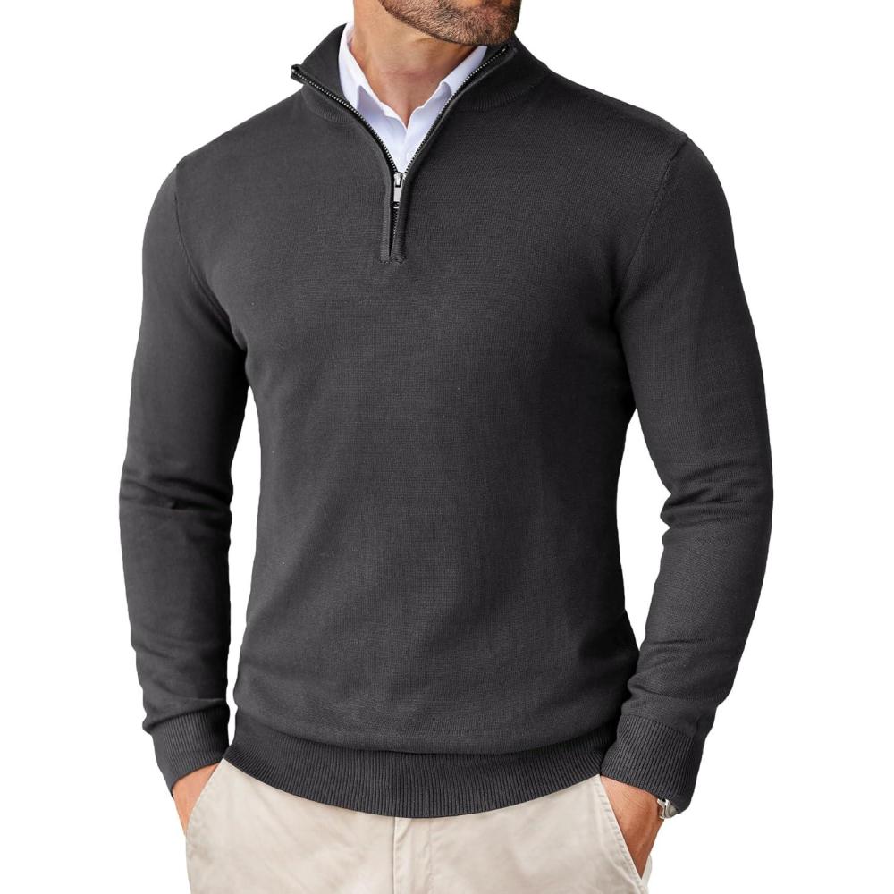 imageCOOFANDY Mens Quarter Zip Up Sweaters Slim Fit Lightweight Mock Neck Pullover Casual Polo SweatersDark Grey