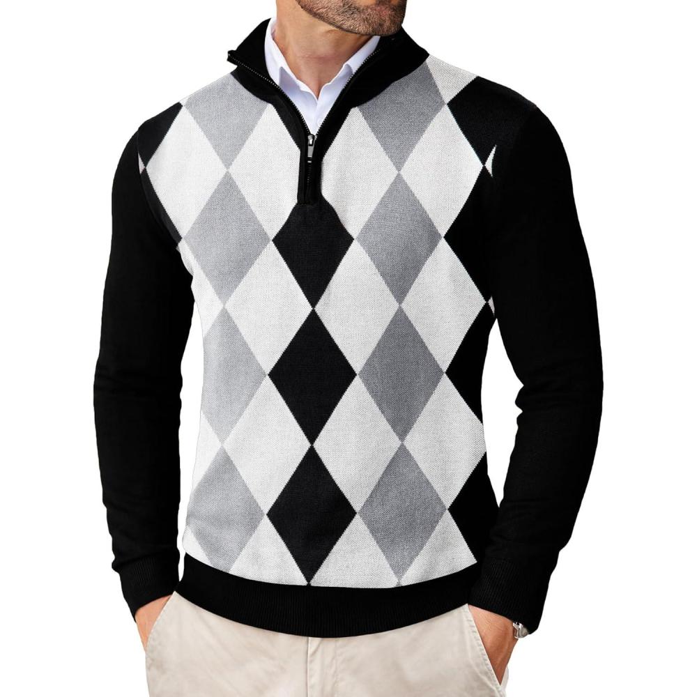 imageCOOFANDY Mens Quarter Zip Up Sweaters Slim Fit Lightweight Mock Neck Pullover Casual Polo SweatersDark Heather Grey  Royal Blue Stripe