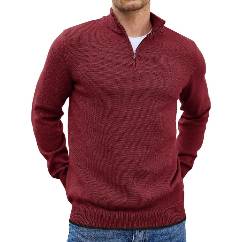 imageCOOFANDY Mens Quarter Zip Up Sweaters Slim Fit Lightweight Mock Neck Pullover Casual Polo SweatersDark Red