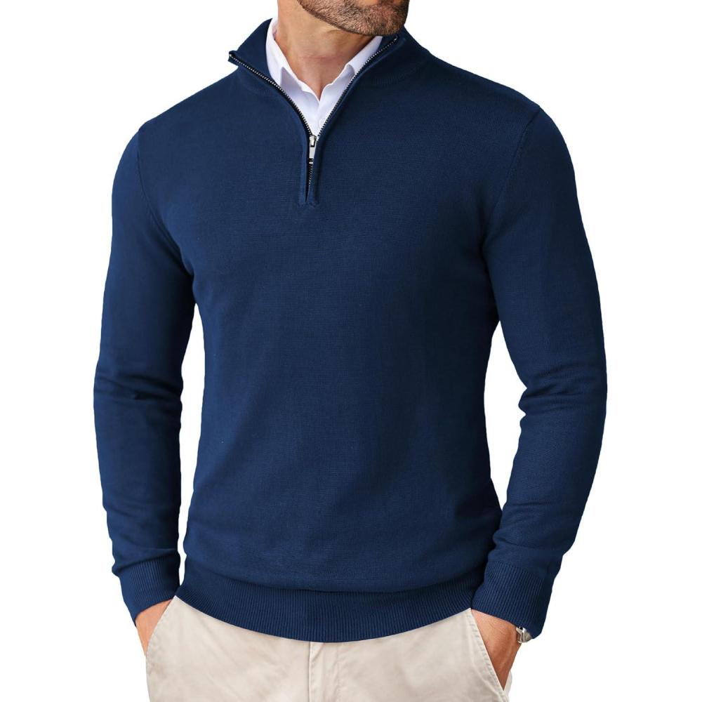 imageCOOFANDY Mens Quarter Zip Up Sweaters Slim Fit Lightweight Mock Neck Pullover Casual Polo SweatersDeep Blue