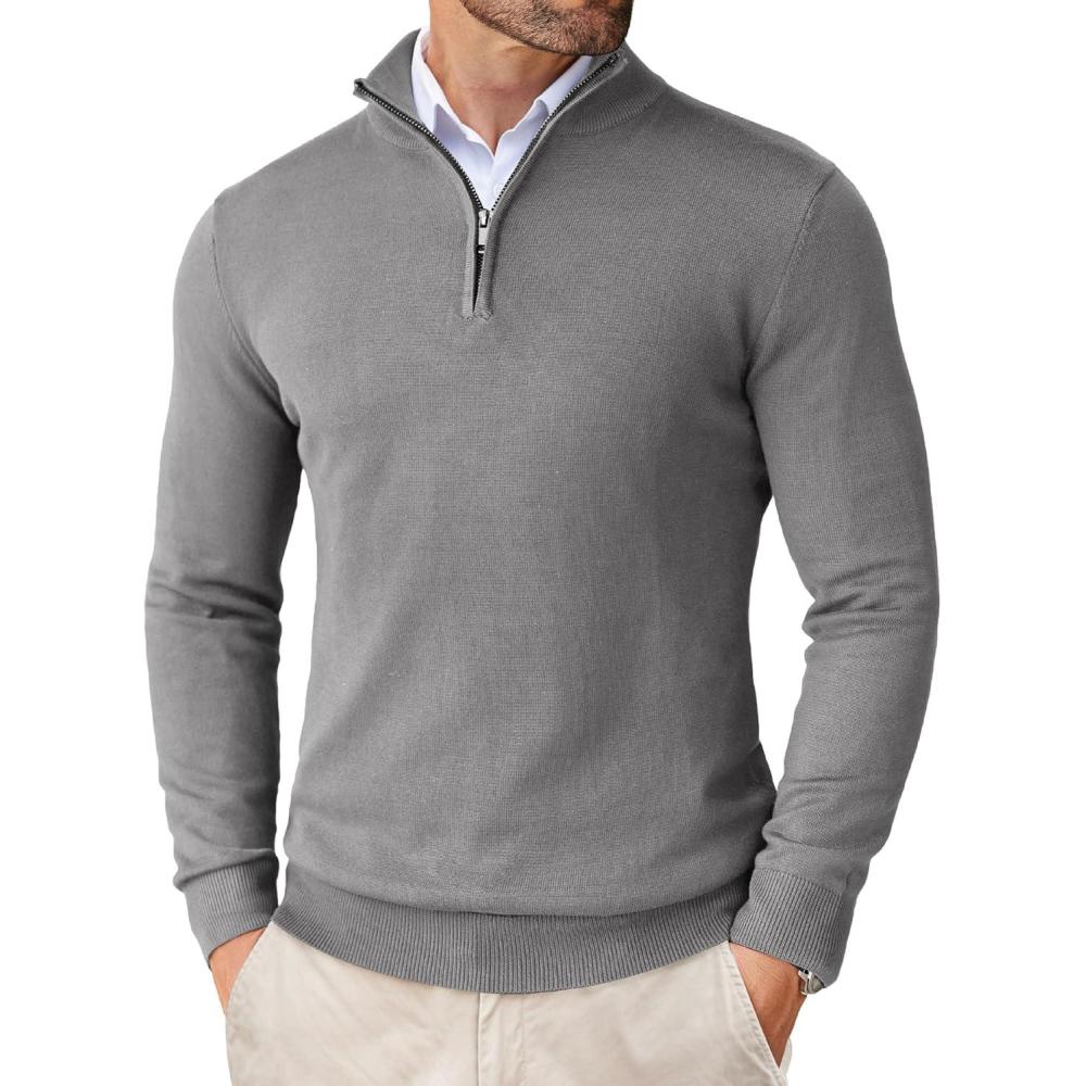 imageCOOFANDY Mens Quarter Zip Up Sweaters Slim Fit Lightweight Mock Neck Pullover Casual Polo SweatersGrey