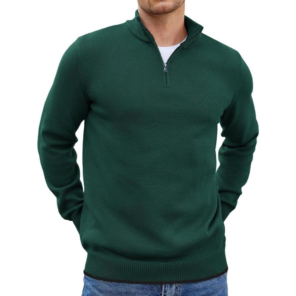 imageCOOFANDY Mens Quarter Zip Up Sweaters Slim Fit Lightweight Mock Neck Pullover Casual Polo SweatersLake Green