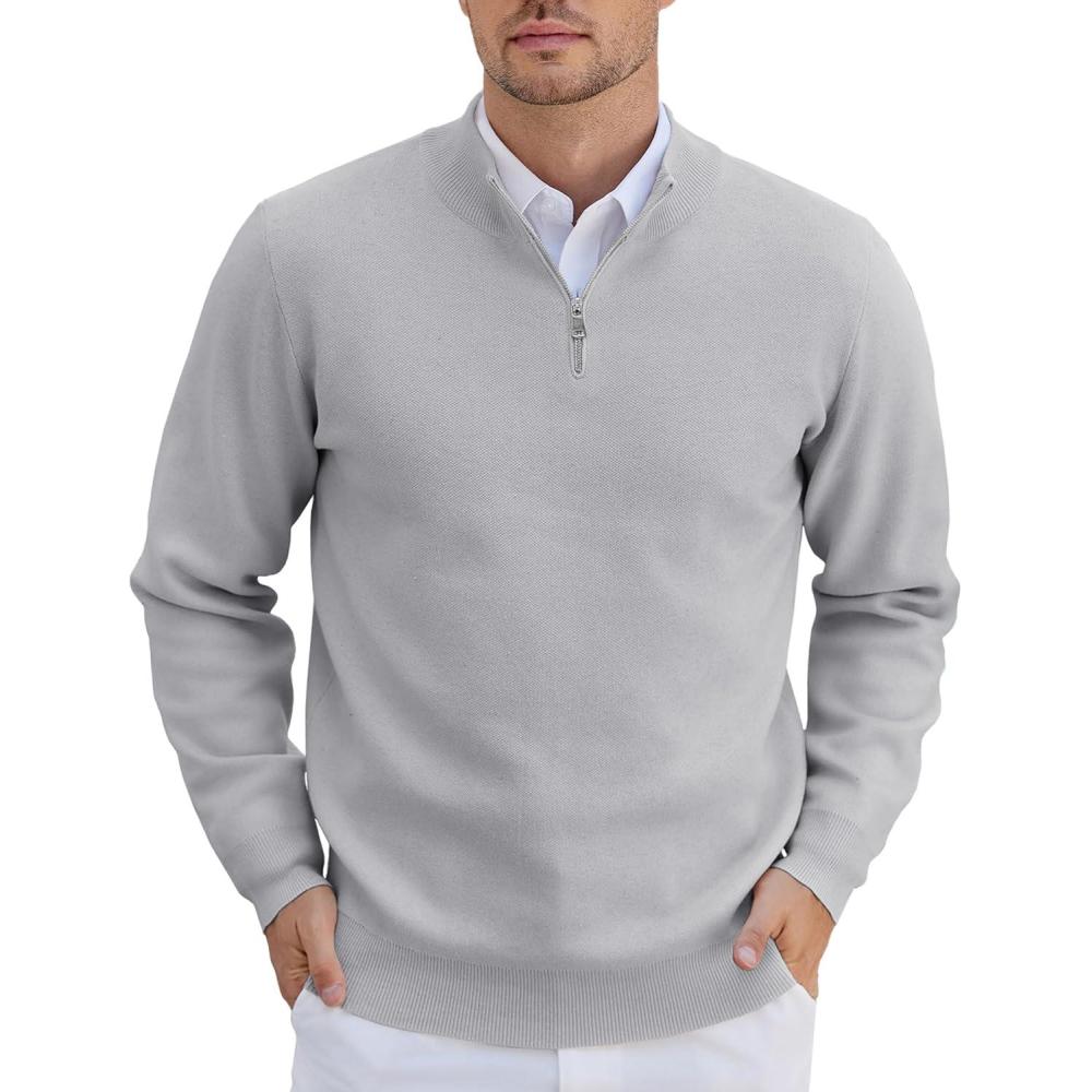 imageCOOFANDY Mens Quarter Zip Up Sweaters Slim Fit Lightweight Mock Neck Pullover Casual Polo SweatersLight Gray