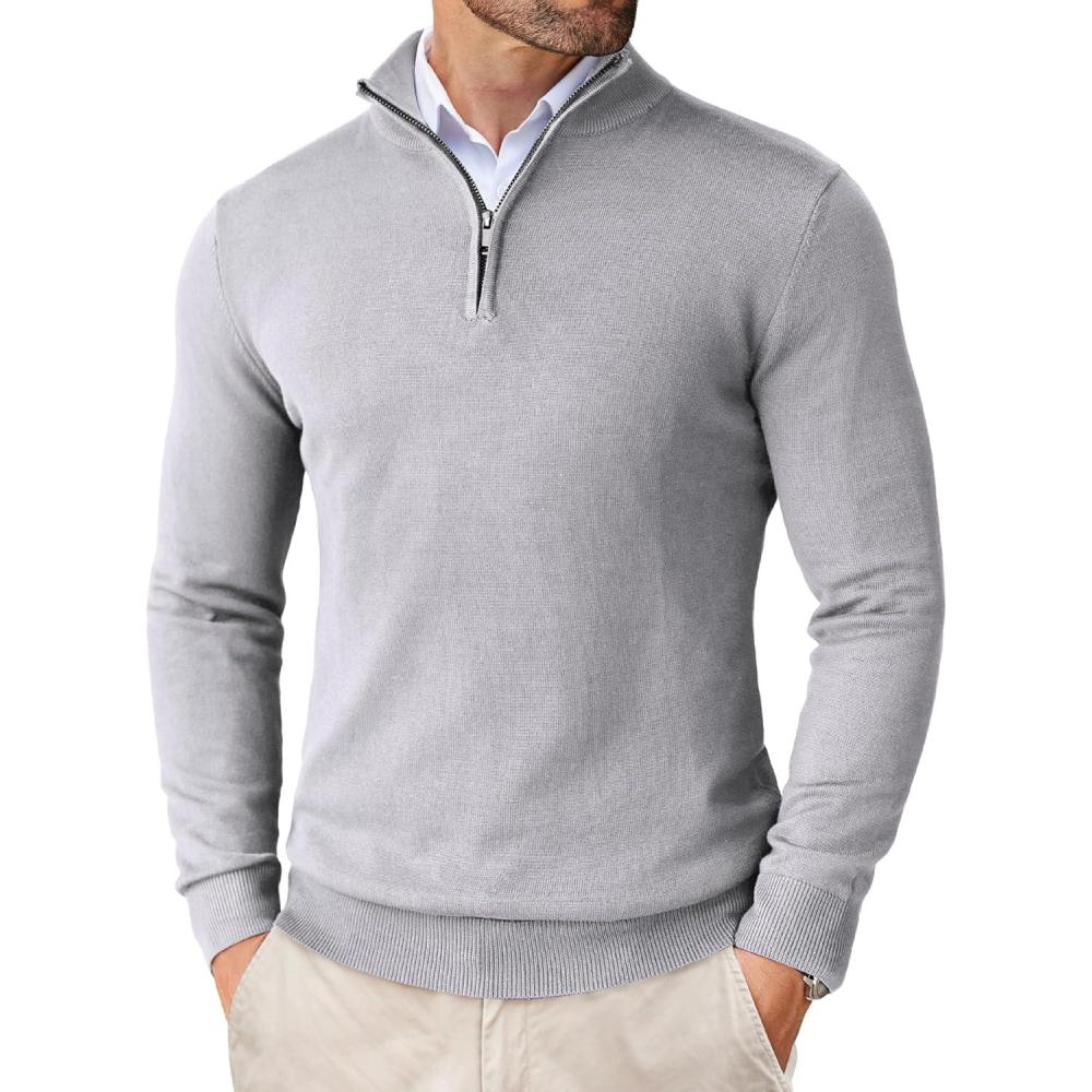 imageCOOFANDY Mens Quarter Zip Up Sweaters Slim Fit Lightweight Mock Neck Pullover Casual Polo SweatersLight Grey