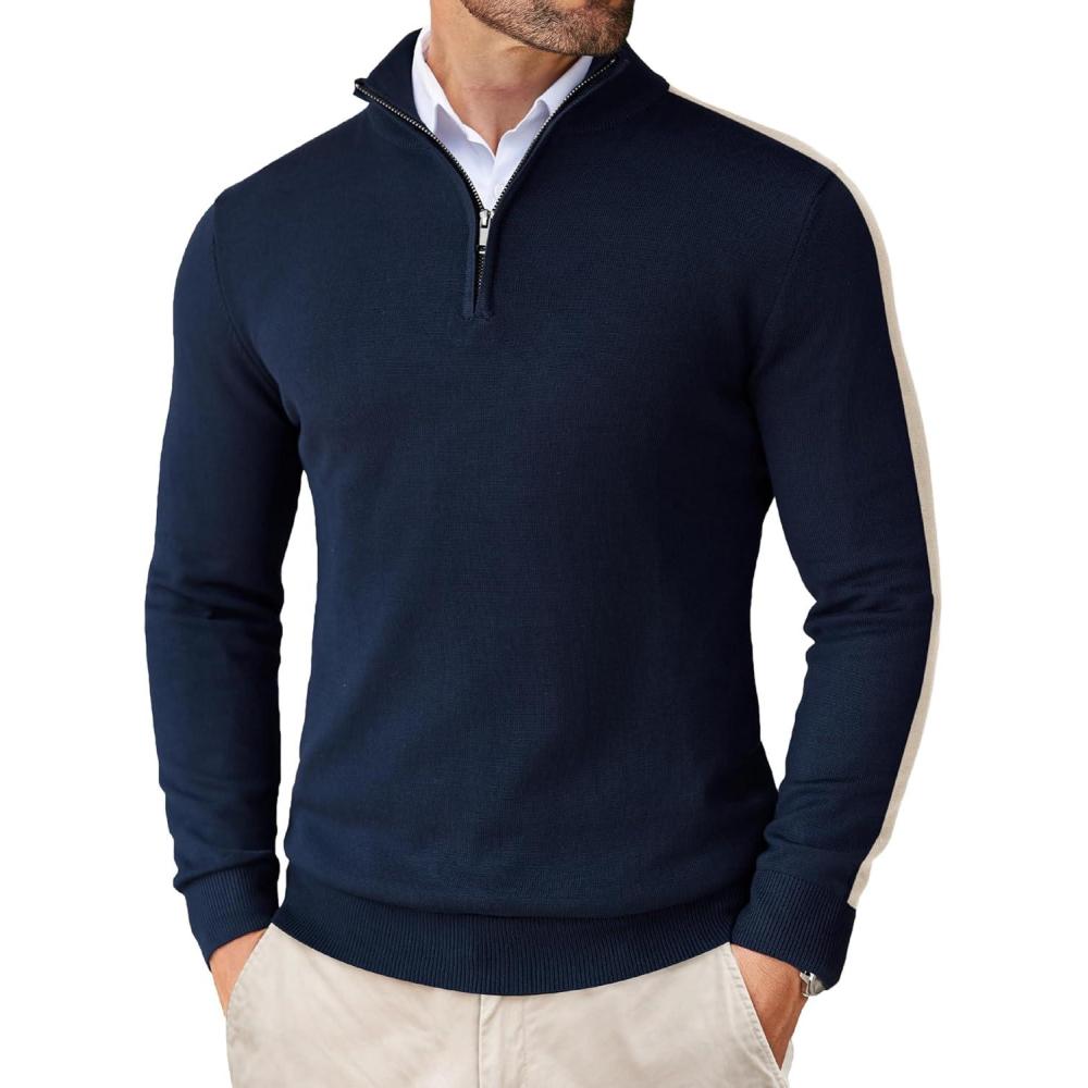 imageCOOFANDY Mens Quarter Zip Up Sweaters Slim Fit Lightweight Mock Neck Pullover Casual Polo SweatersNavystripekhaki