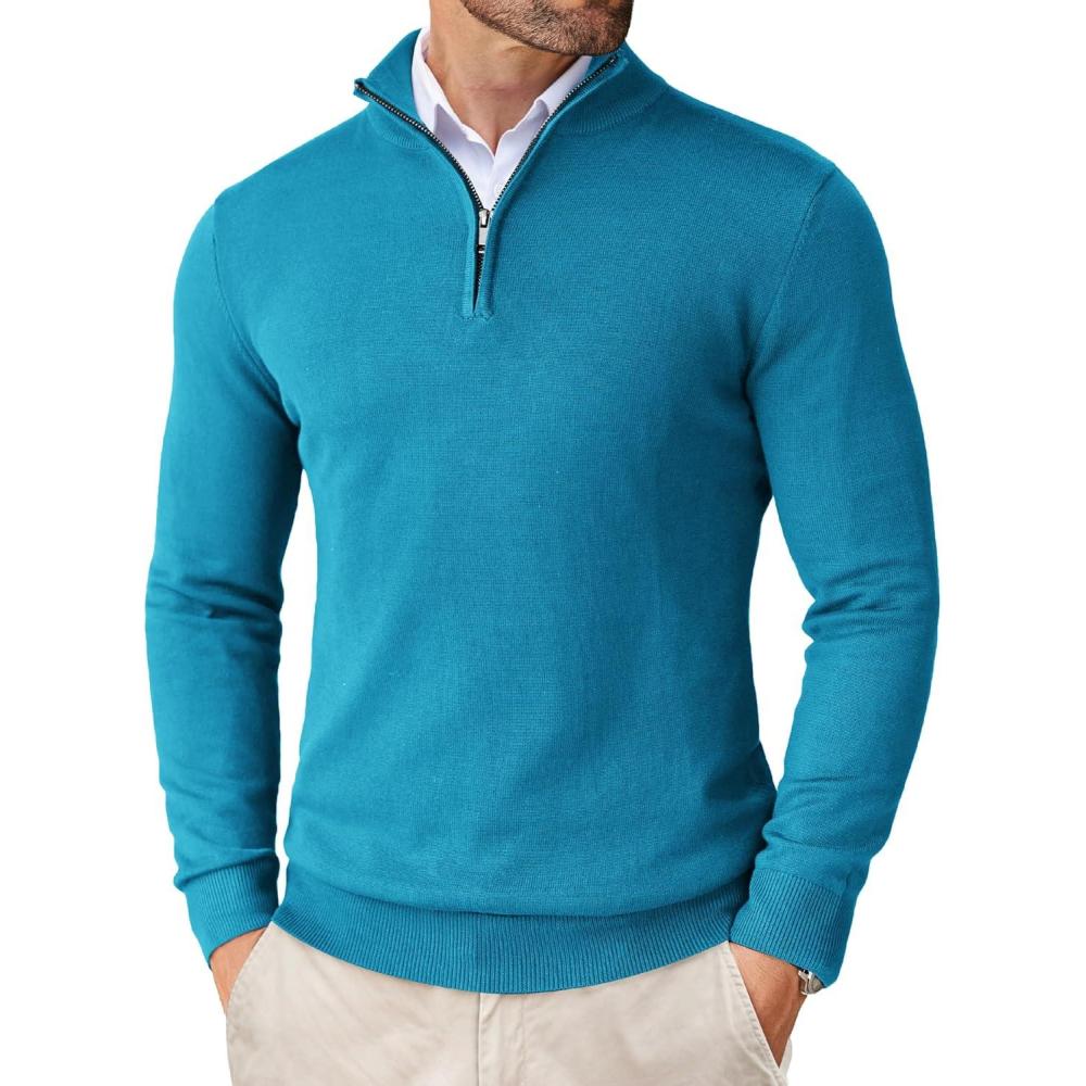 imageCOOFANDY Mens Quarter Zip Up Sweaters Slim Fit Lightweight Mock Neck Pullover Casual Polo SweatersPeacock Blue
