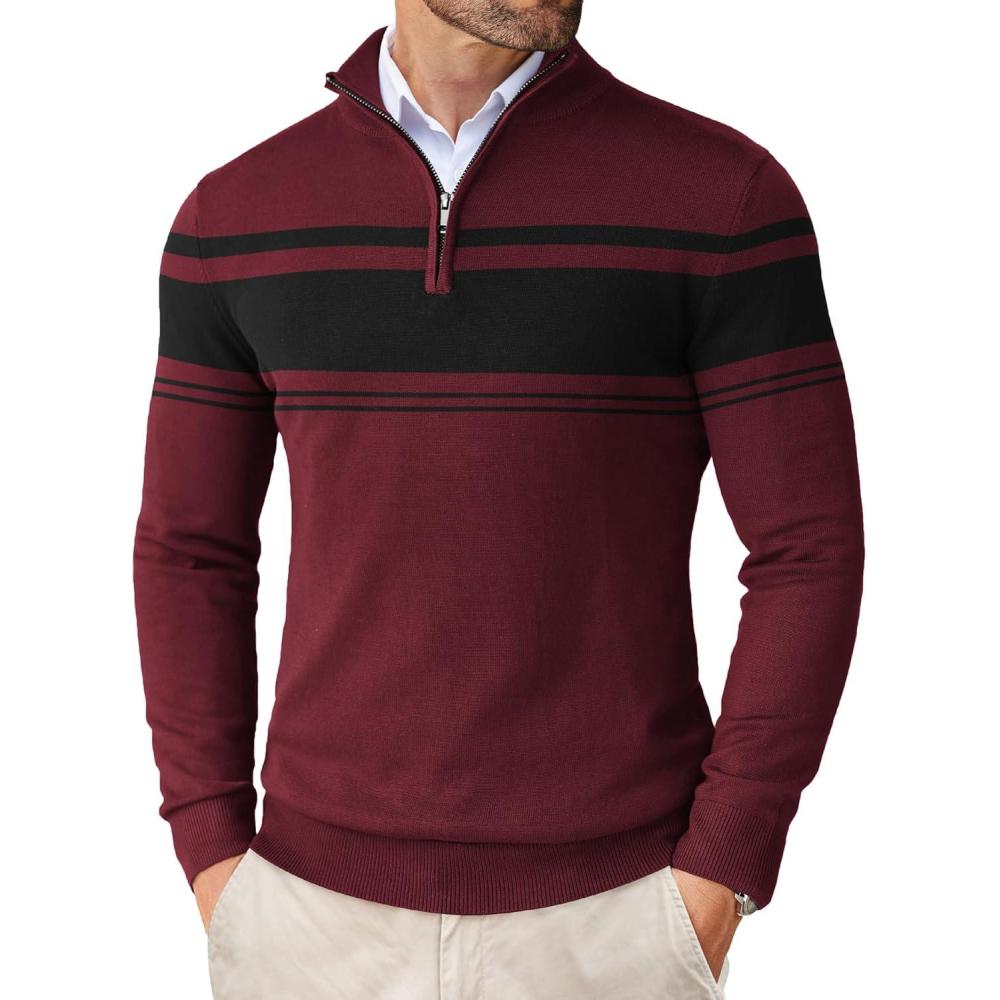 imageCOOFANDY Mens Quarter Zip Up Sweaters Slim Fit Lightweight Mock Neck Pullover Casual Polo SweatersRed  Black Stripe