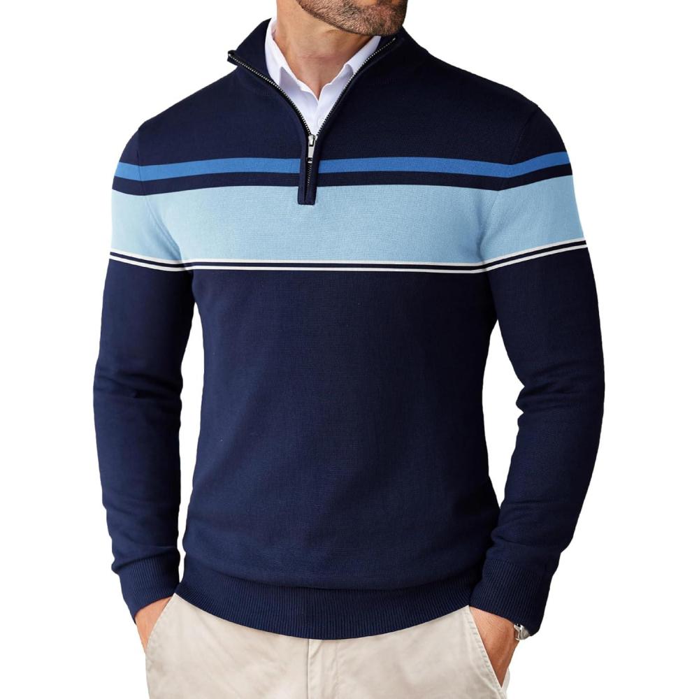 imageCOOFANDY Mens Quarter Zip Up Sweaters Slim Fit Lightweight Mock Neck Pullover Casual Polo SweatersStripeblue