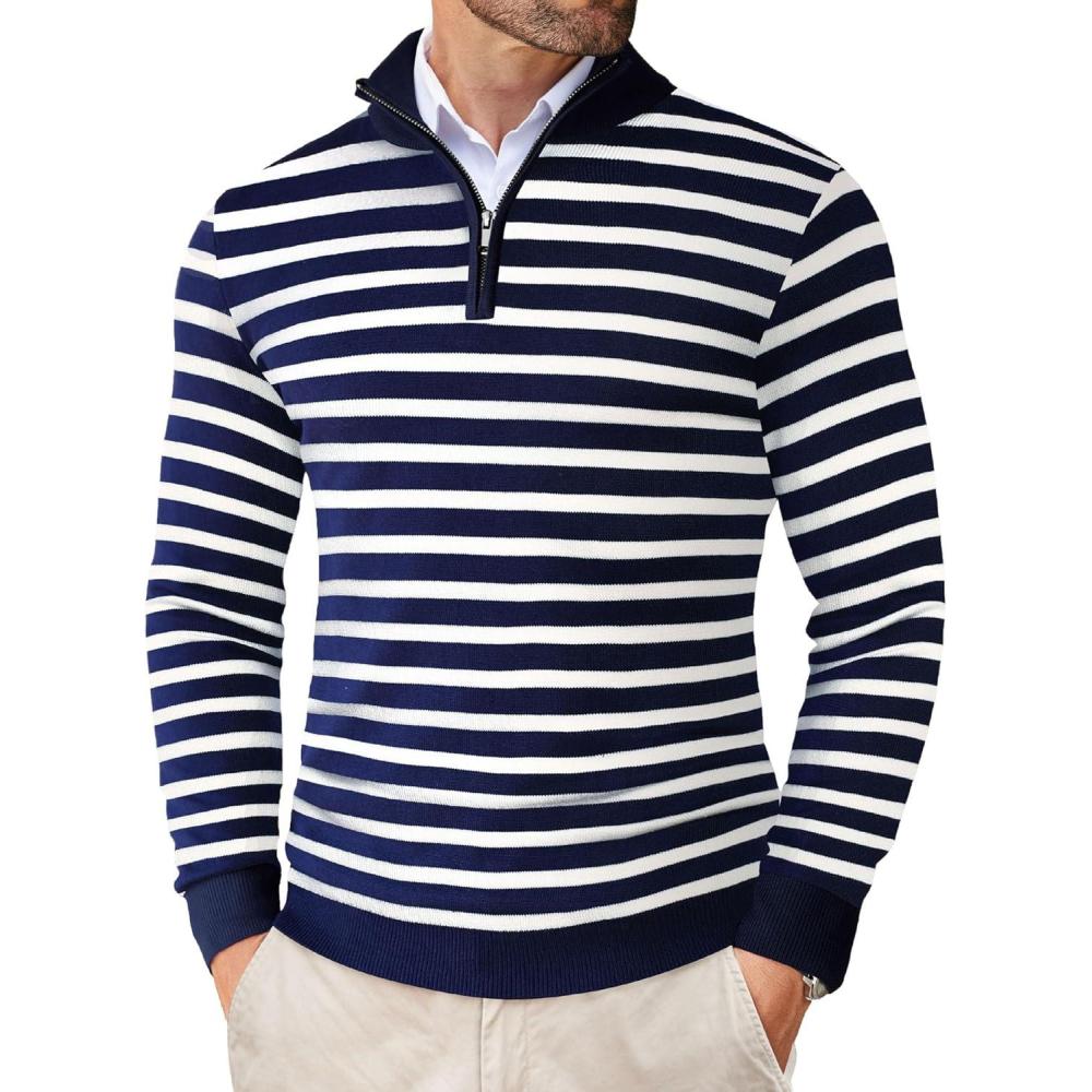 imageCOOFANDY Mens Quarter Zip Up Sweaters Slim Fit Lightweight Mock Neck Pullover Casual Polo SweatersStripenavy Blue White