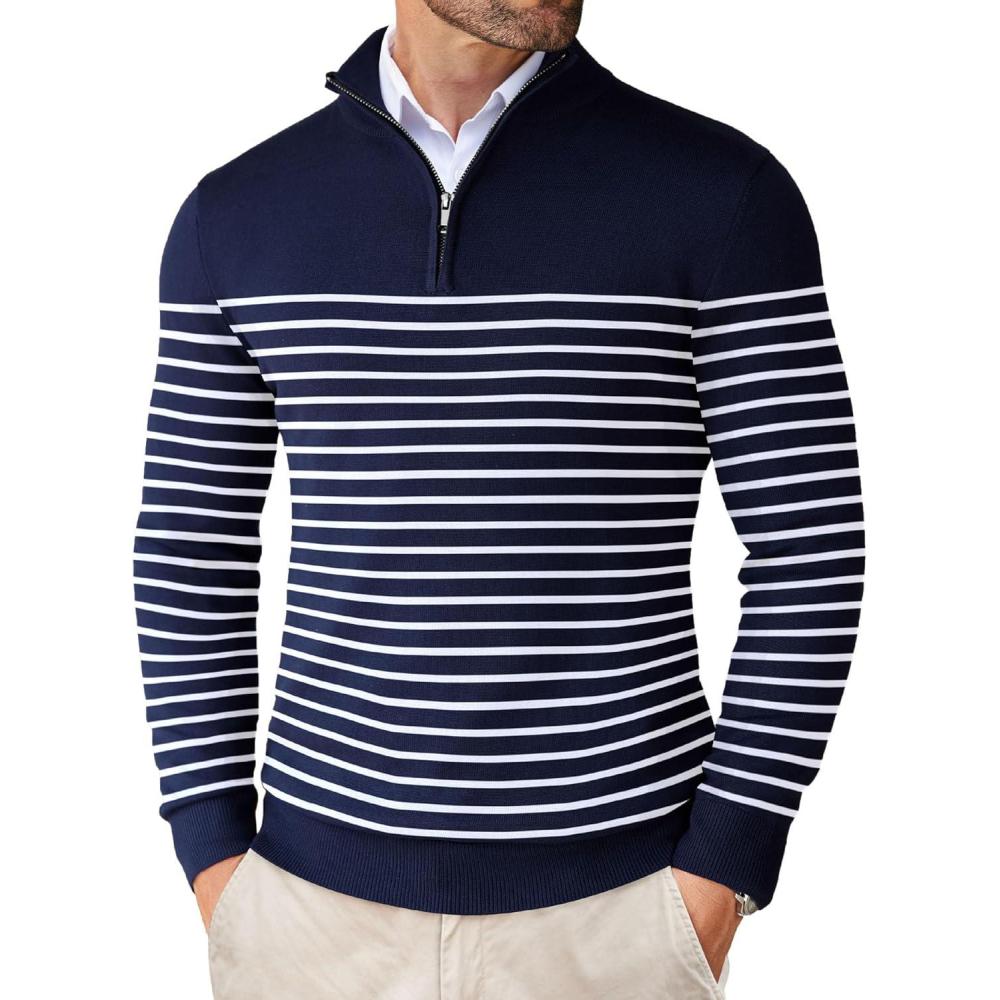 imageCOOFANDY Mens Quarter Zip Up Sweaters Slim Fit Lightweight Mock Neck Pullover Casual Polo SweatersStripewhite Navy