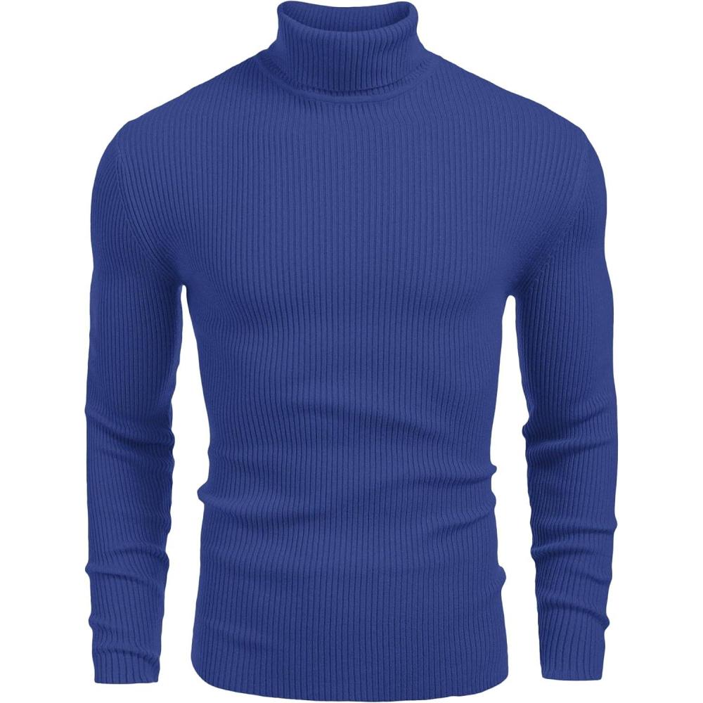 imageCOOFANDY Mens Ribbed Slim Fit Knitted Pullover Casual Turtleneck SweaterBlue