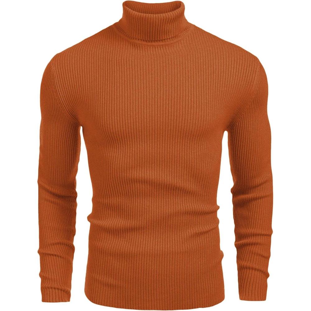 imageCOOFANDY Mens Ribbed Slim Fit Knitted Pullover Casual Turtleneck SweaterBritish Tan