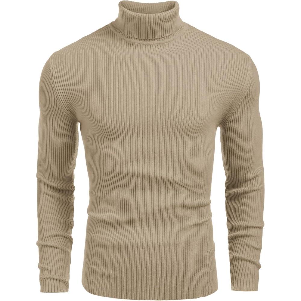 imageCOOFANDY Mens Ribbed Slim Fit Knitted Pullover Casual Turtleneck SweaterCamel Apricot