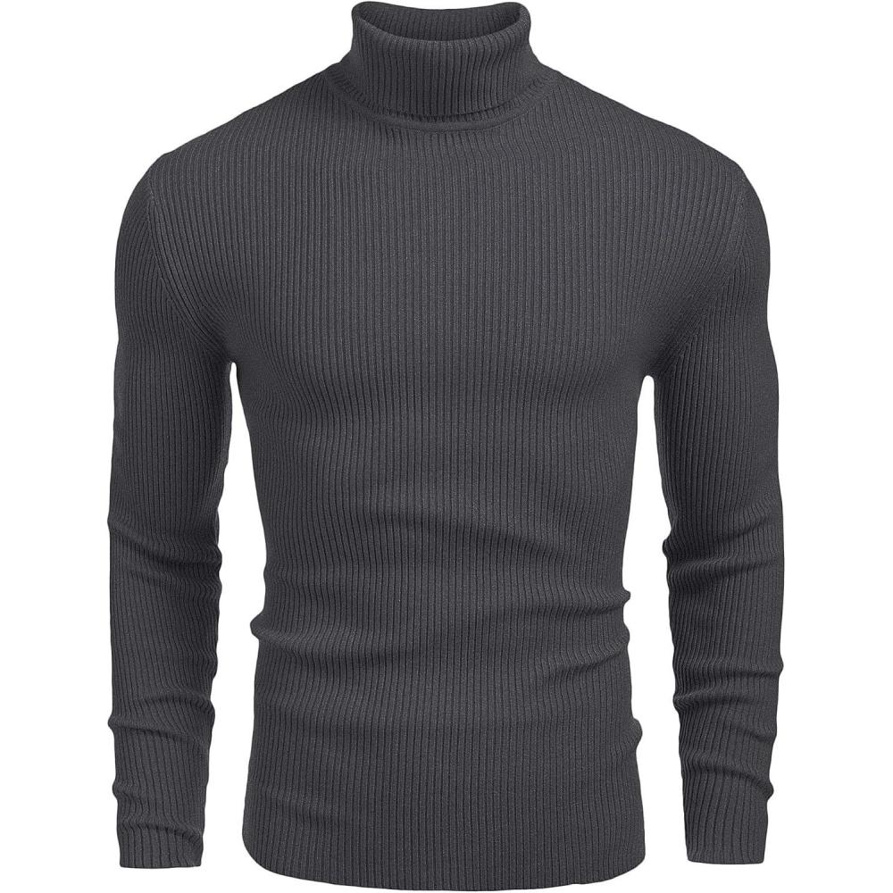 imageCOOFANDY Mens Ribbed Slim Fit Knitted Pullover Casual Turtleneck SweaterCharcoal Grey