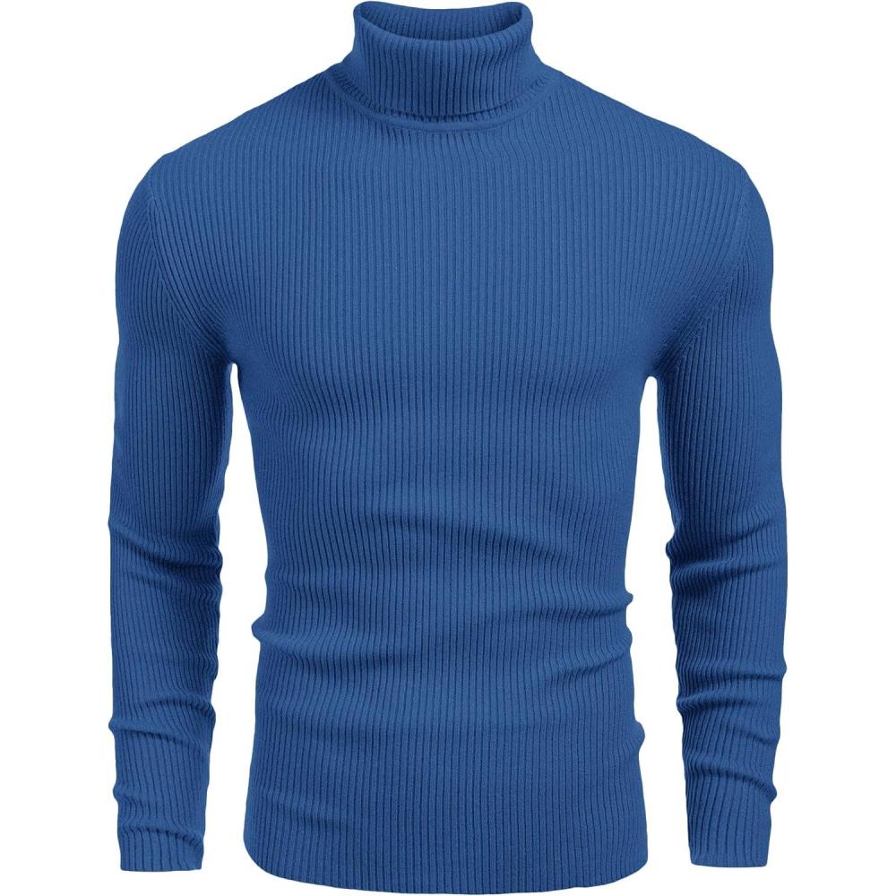 imageCOOFANDY Mens Ribbed Slim Fit Knitted Pullover Casual Turtleneck SweaterCornflower Blue