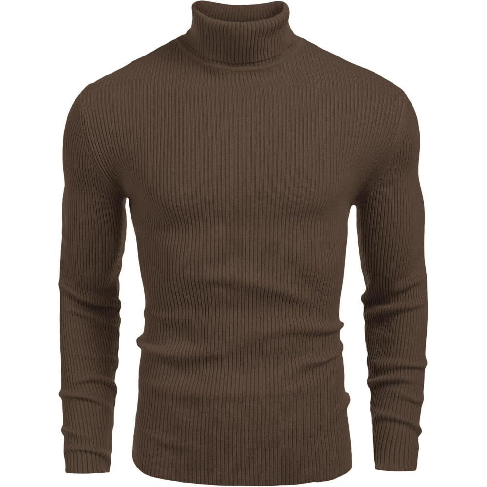 imageCOOFANDY Mens Ribbed Slim Fit Knitted Pullover Casual Turtleneck SweaterDark Brown